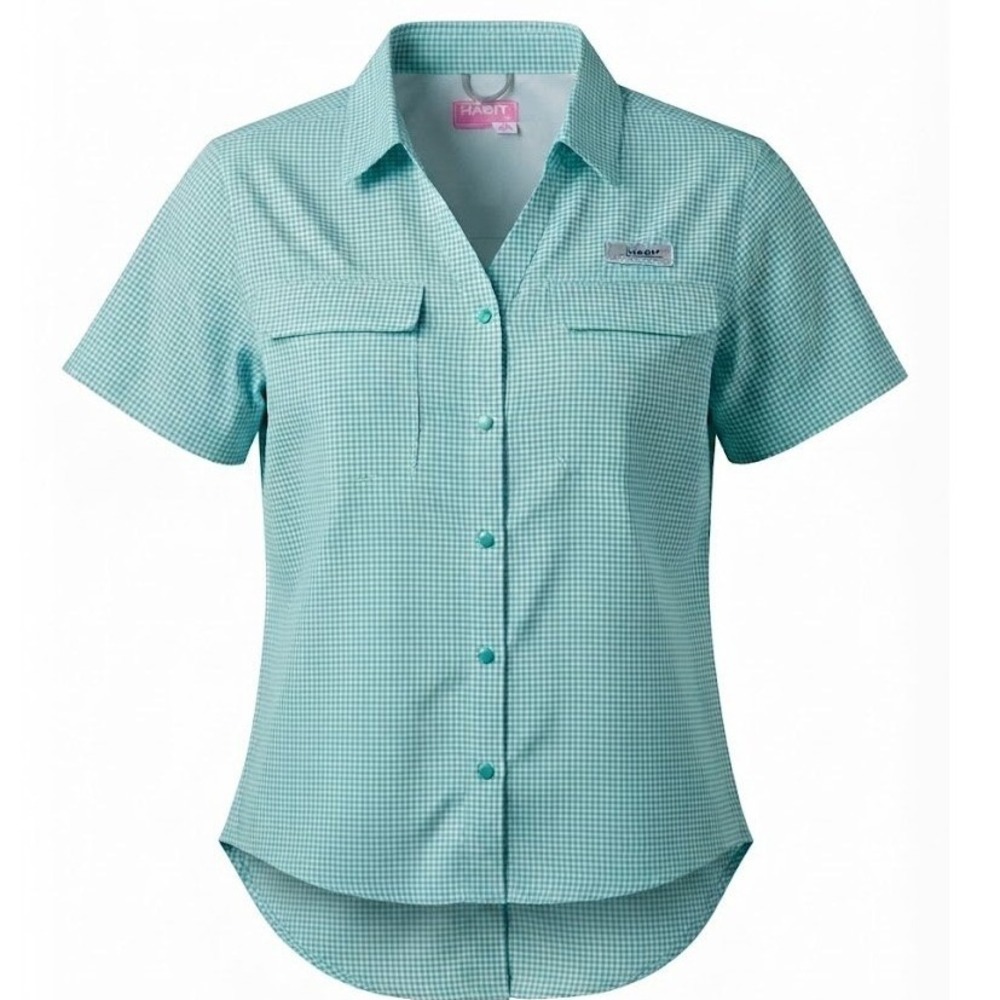 Habit Womens Turquoise Check Fishing Shirt Short Sleeve Vented UPF 40+ Light